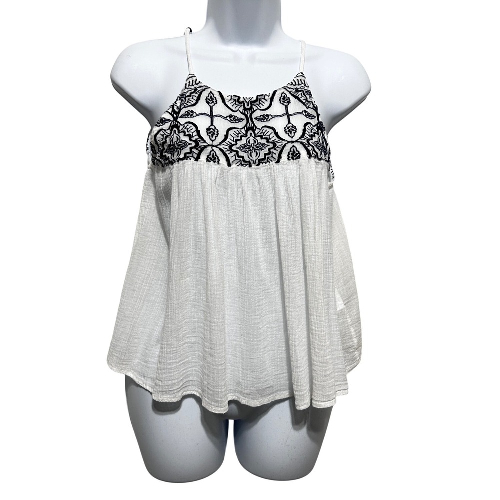 Abercrombie Fitch Women Babydoll Top M White Gauze‎ Embroidered Boho Festival